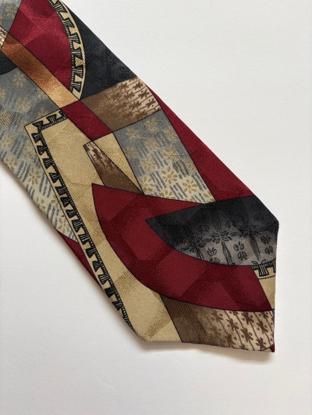 F.N.R. & F. Boston Silk Tie 4" Wide Red Gray Tan Geometric Vintage RN 20547